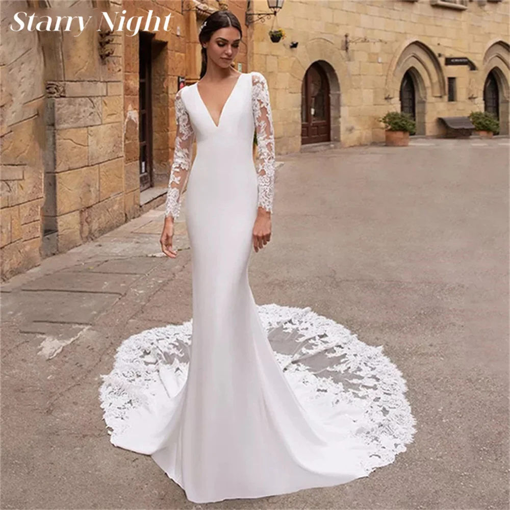 Купи Modern V Neck Mermaid Wedding Dresses Lace Long Sleeves Wedding Gown Court Train Button Back Bridal Gowns vestidos de novia за 7,008 рублей в магазине AliExpress