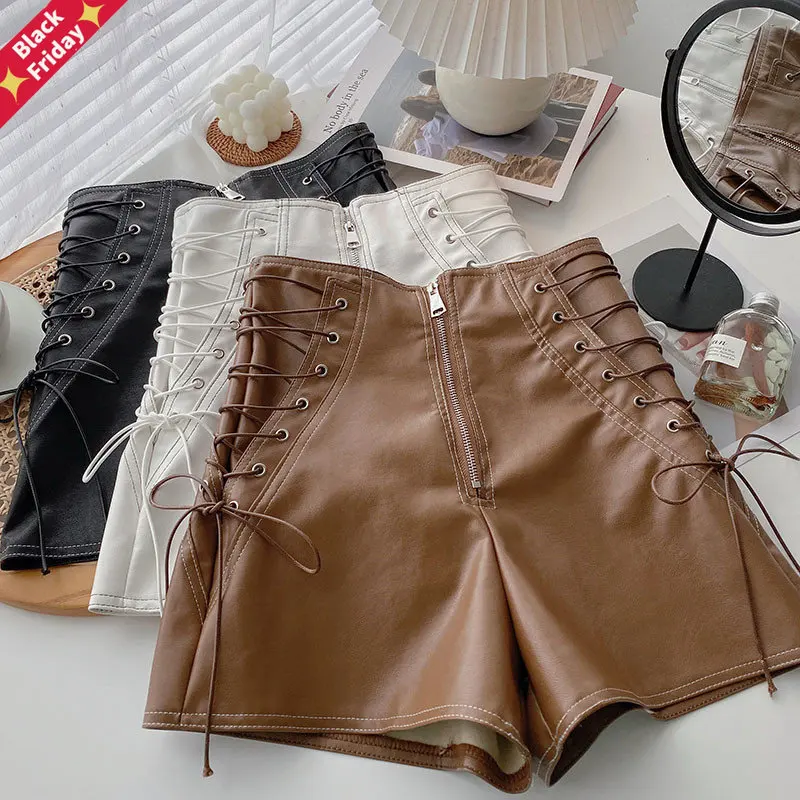 

High Waist A Line PU Shorts 2023 Korean Spring Autumn Women Tie Bow Leather Shorts Office Lady All Match Wide Leg Casual Shorts