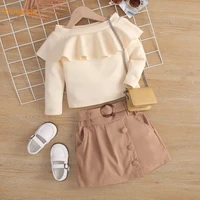 fashion girls autumn spring full sleeve ruffles solid knitting top shirts belt skirts kids baby children clothes set 3pcs 18m 6y