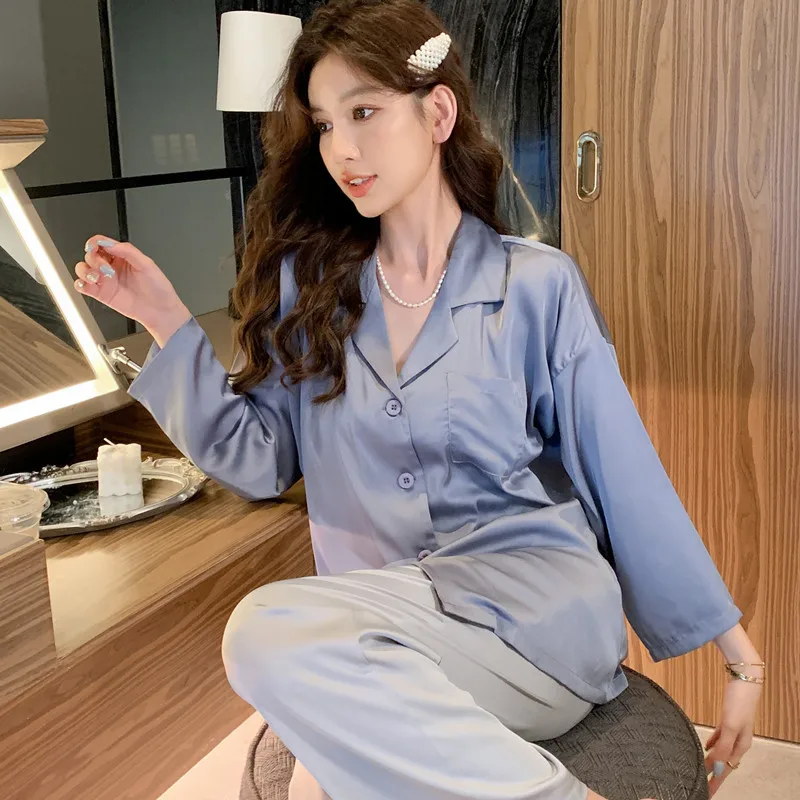 New Season Spring and Autumn Silk Pajamas Women's Long-Sleeved Suit Solid Color Thin Ice Silk Lapel Large Size Loose Home Wear