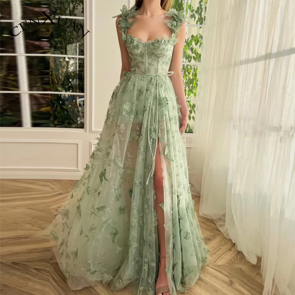 

Cenxuan Tulle Sweetheart Spaghetti Strap Rhinestones Side Slit Appliques Zipper Prom Evening Dress Customised Vestido De Fiesta