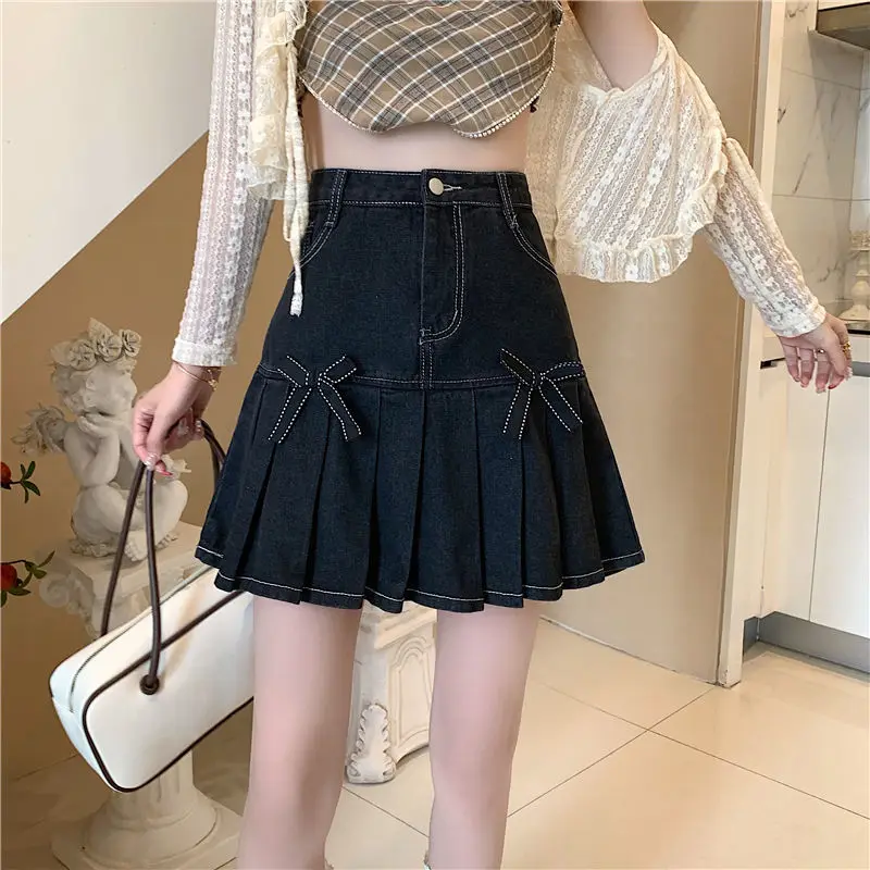 

BEENKE 2022 Summer Women's New Fashion Design Sense Niche Bow Skirt Women's High Waist and Thin Pleated Denim Skirt