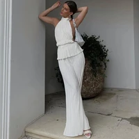 ardm elegant high collar pleated crop top high waist home pant set sexy backless summer white two piece sets womens outifits