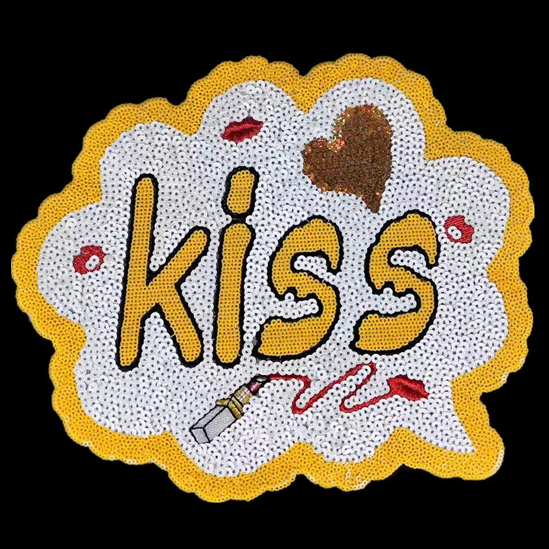 

26CM KISS Letter Patches For Clothing Sequins Biker Badge Embroidery Fabric Patch Sequined Women Clothes Stickers Strange things