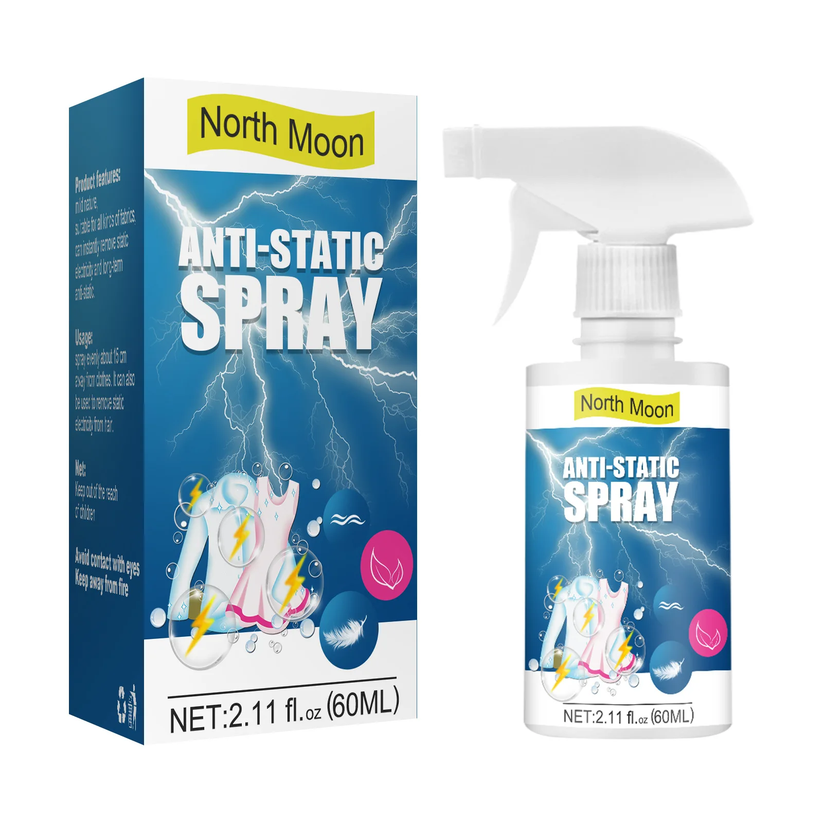 North Moon-espray antiestático que reduce la electricidad estática, ropa antiestática para ropa, muebles, lavandería, armario, ropa para el hogar