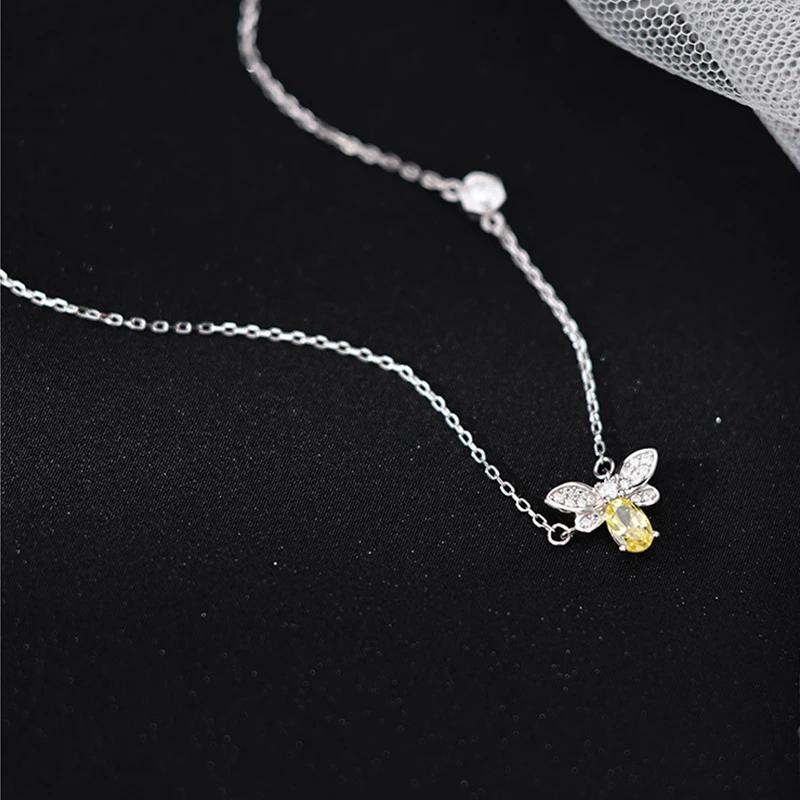 925 Sterling Silver Bee Necklace Ladies Simple Clavicle Chain Shiny Zircon Wedding Party Gift Jewelry Accessories |