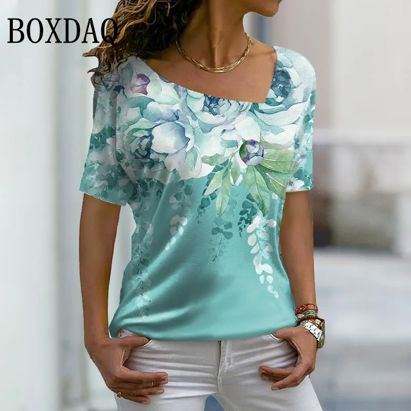 

Short Sleeve Flower Print Blouses For Women 2022 Summer Diagonal Collar Irregular Shirts Tops Ladies Pullovers Casual Clothing