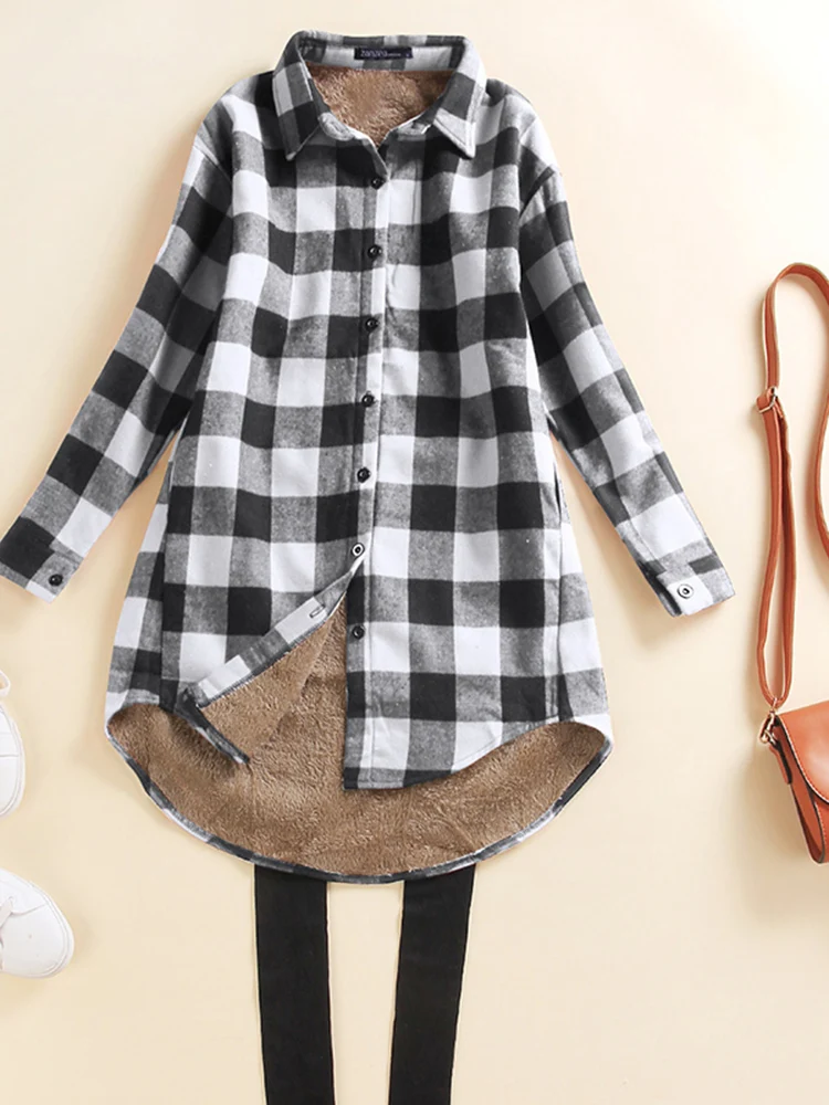 

ZANZEA Fashion Warm Irregular Shirt 2022 Spring Winter Plush Blouse Women Retro Plaid Check Tops Casual High Low Blusa Oversized