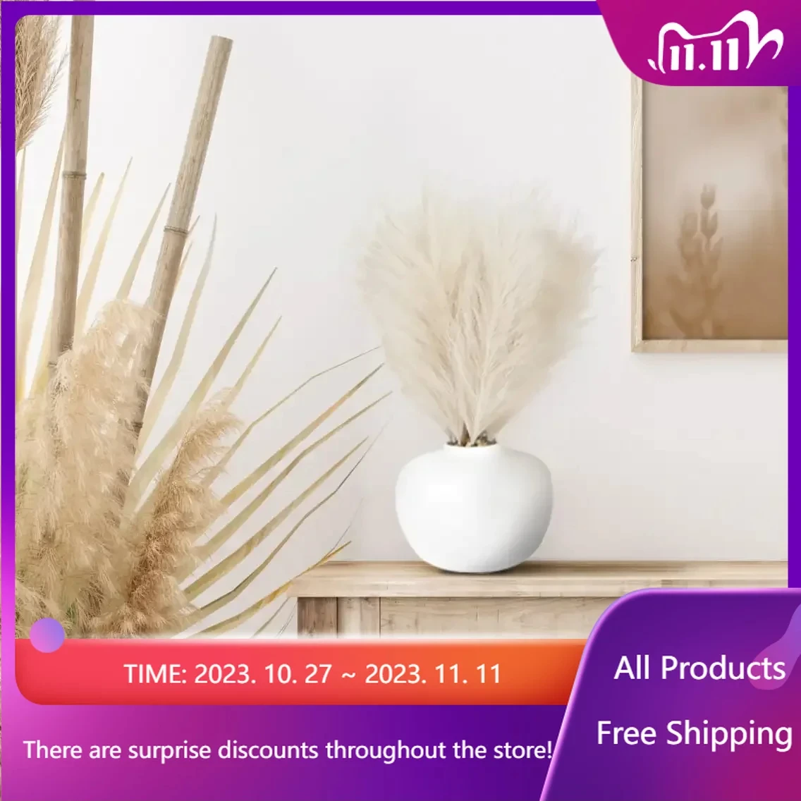 

14" Artificial Pampas in White Rounded Ceramic Vase Fast Transportation