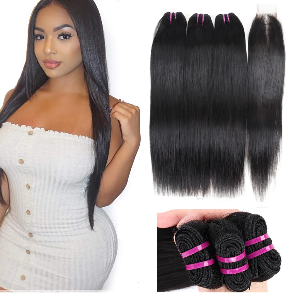 Transparent Frontal Lace Closure with Bundles Peruvian Straight Bundles 8-26 Inch Human Hair Weave Bundles with 2x6 Lace Closure