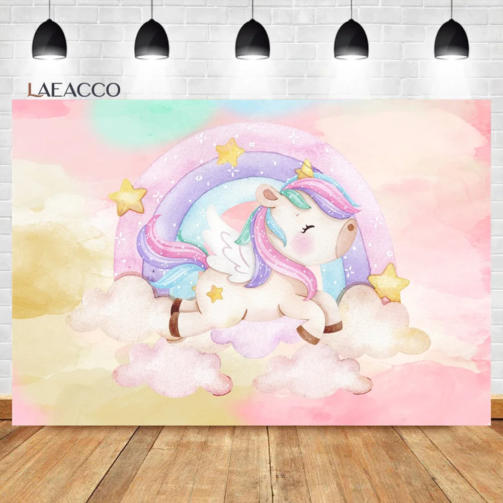 

Laeacco Magical Cartoon Unicorn Photography Backdrop Color Rainbow Stars Princess Baby Shower Girl Portrait Custom Background