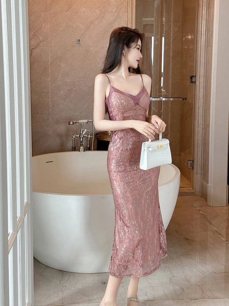 Women's Sexy Fishtail Dress Summer Lace French sle Socialite High end Slim fit Pure Desire Sle Suspender Long dress