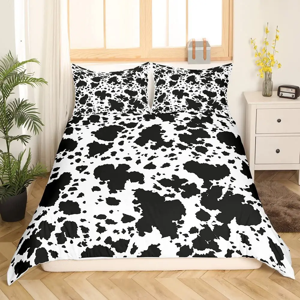 Cow Fur King Queen Duvet Cover Black White Cowhide Bedding Set for Kid Boy Animal Skin Comforter Cover Farmhouse Cow Quilt Cover