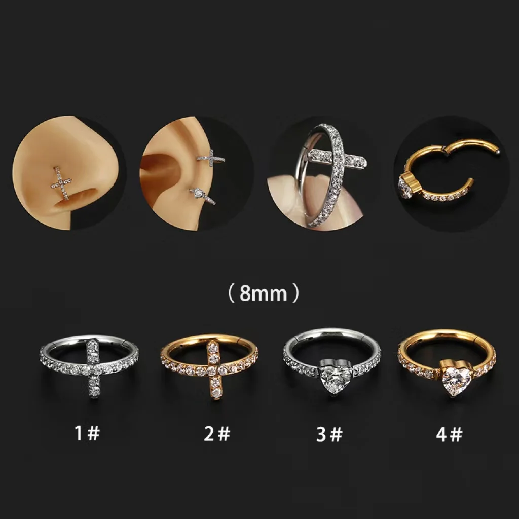 

G23 Titanium Piercing Nose Rings Cross Heart Zircon Hinged Segment Earrings Helix Daith Ear Cartilage Tragus Clicker Jewelry 16G