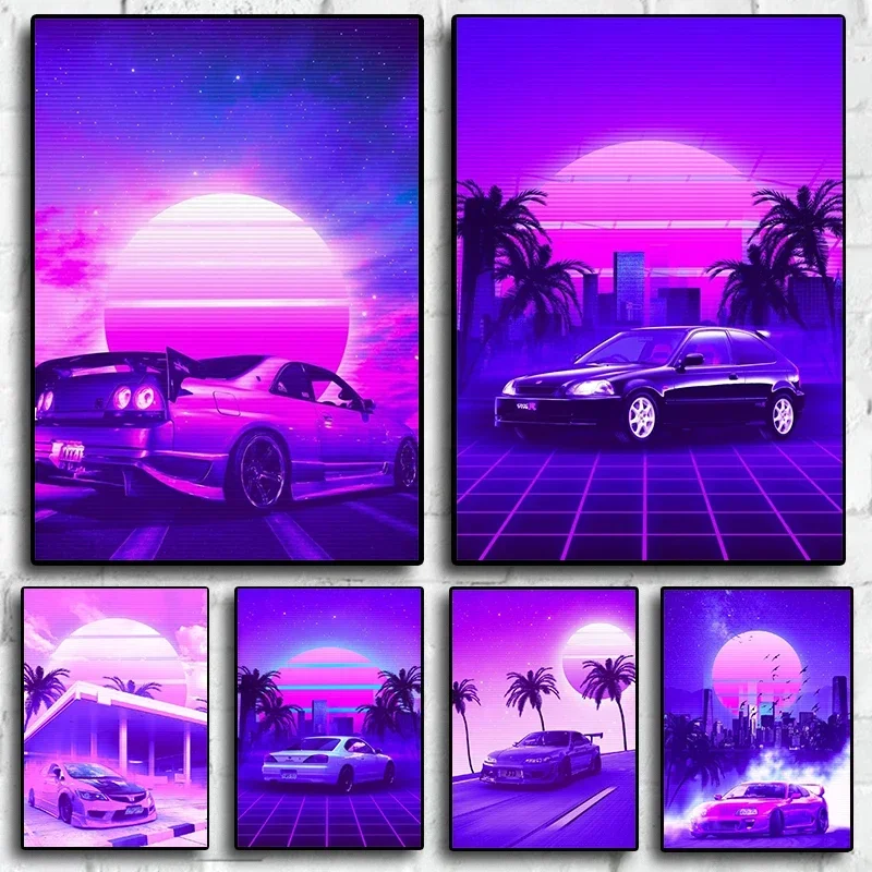 Неоновый Автомобильный Постер 80-х Годов AE86 GTR Night Moon Спортивный Автомобиль Холст С