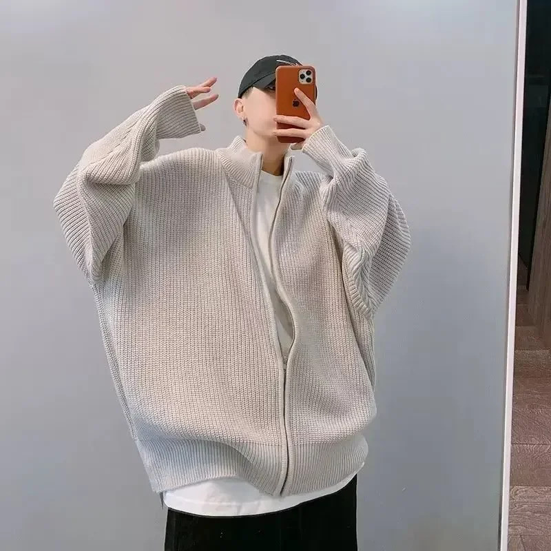 Осенняя модная уличная одежда мужской свободный вязаный свитер на молнии