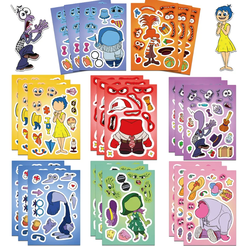 Фото 8 листов наклеек DSN Cartoon Inside Out 2 Make A Face, аниме-пазлы, DIY-наклейки для телефона, ноутбука, багажа, скейтборда, граффити-декали №2