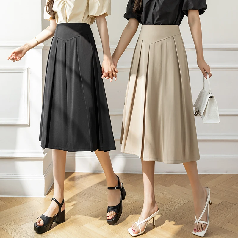 

Chiffon A-line High Waist Women's Knee-Length Skirt New Korean Fashion Solid Color Summer Casual Slim Female Clothes