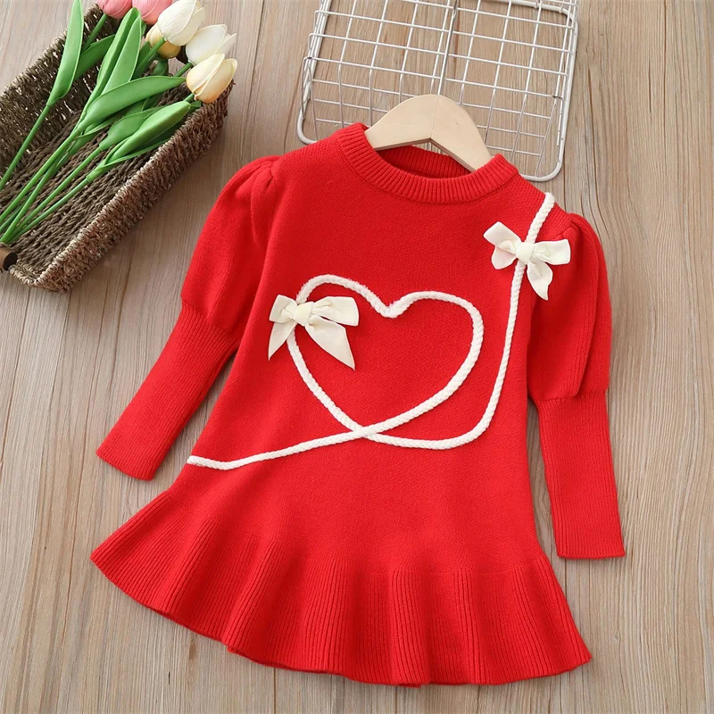 

Autumn Winter Girls' Sweater Dress 2023 Girls' Bow Heart Long Sleeve Knitted Dress Ruffle Sweet Dress