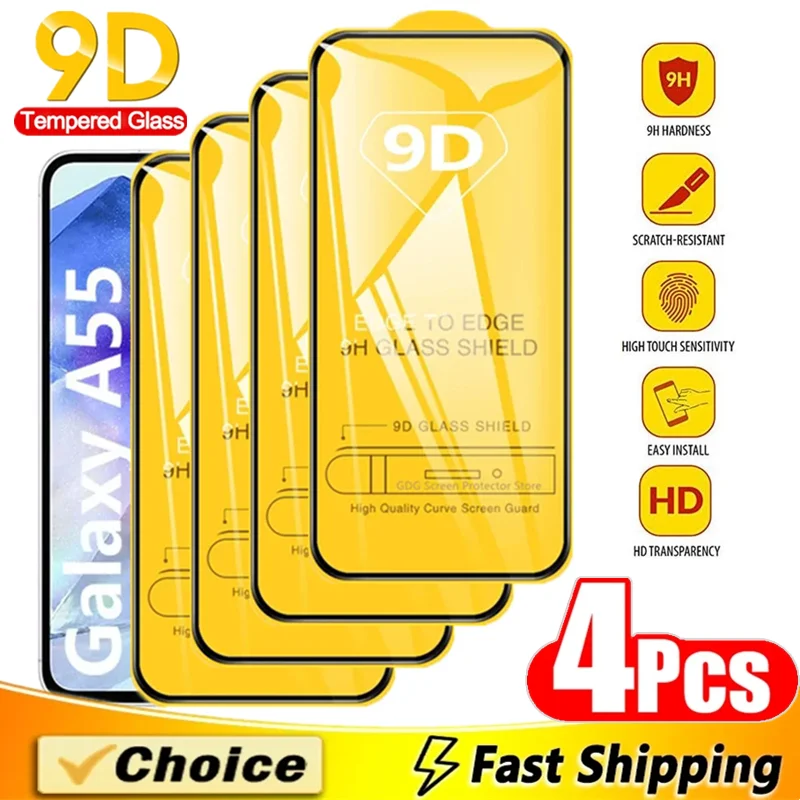 4Pcs 9D Screen Protectors For Samsung Galaxy A55 A15 A35 A53 A54 A34 A12 A13 A14 A52 A33 A23 A25 A73 S20 FE S10E Tempered Glass