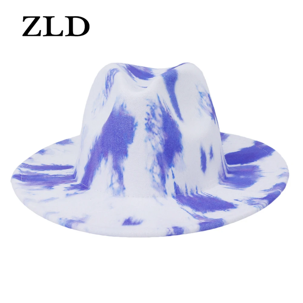 

ZLD Printed Big Brim Hat for Men Korean Style British Style Fashion Woolen Party Jazz Hat Women Caps Men's Top Hat Wool Fedoras