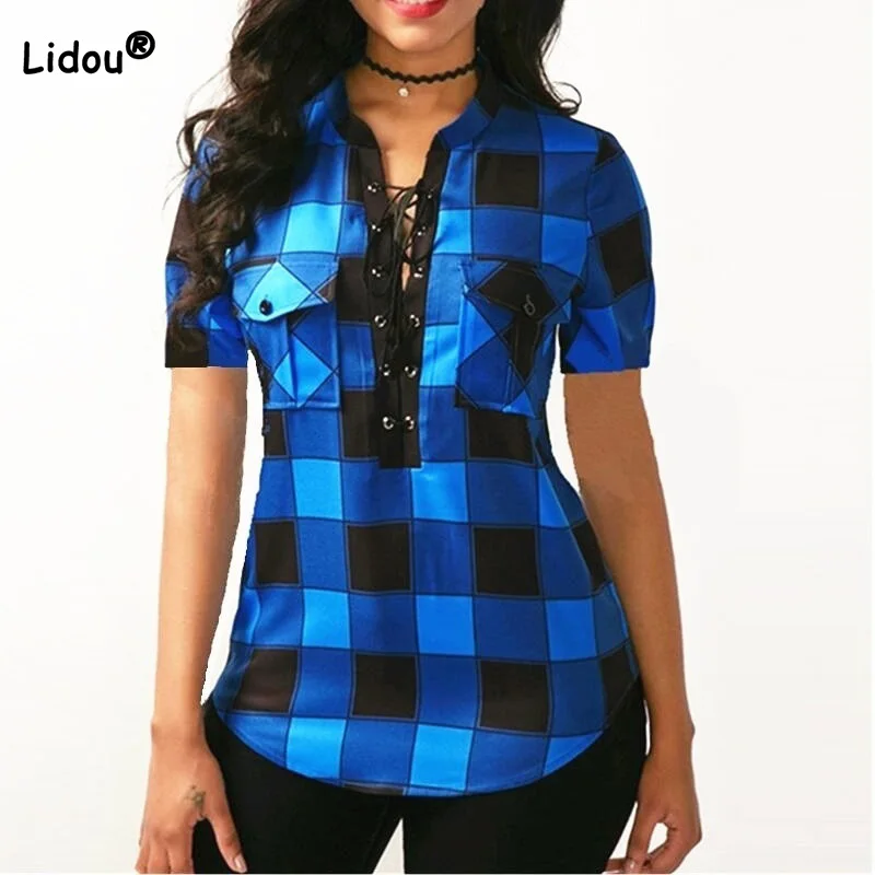 

Oversized T-shirt Fashion Shirring Lacing Pockets Patchwork Plaid Printing Short Sleeve Straight Type Summer Casual Top Female