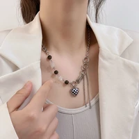 checkerboard love pendant necklace for women sweet cool hip hop personality tassel stitching opal clavicle chain jewelry gift