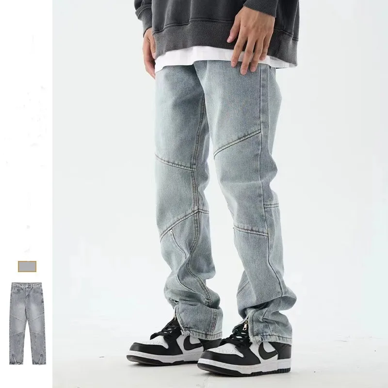 Blue Jeans American Designer Style High Street Trouser Leg Zipper Stitching  Men Hiphop Loose Straight  Trend