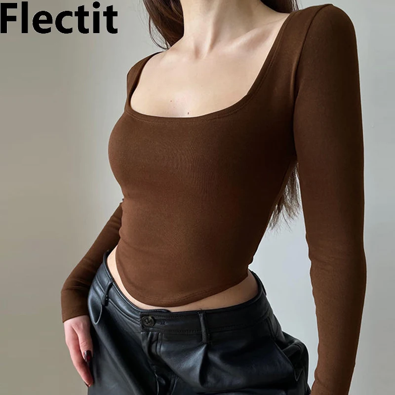 

Flectit Long Sleeve Square Collar Crop Top For Women Stretchy Cotton Fitted Top Ladies Y2K Outfit