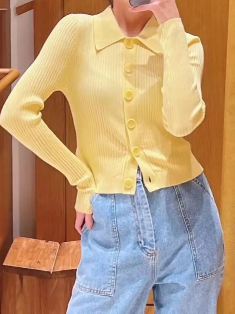 

Women Spring 2023 Sweater Rib Single Breasted Turn-down Long Sleeve Knitted Cardigan