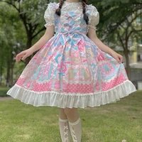 coolfel japanese women lace jsk lolita dress girls kawaii pink bow sweet cartoon print princess party dress cosplay costume
