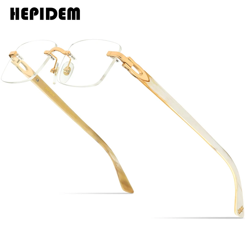 HEPIDEM Buffalo Horn Glasses Men Square Women Rimless Prescription Eyeglasses Optical Frames Buffs Wood Eyewear 0034