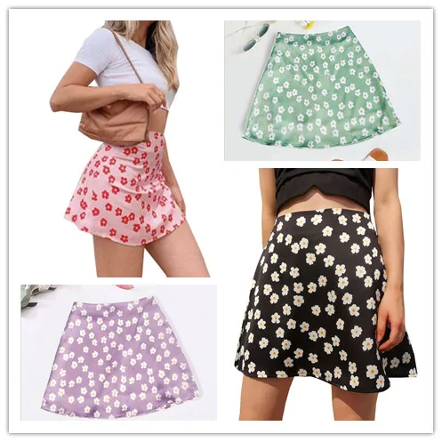 

Mini Skirt A-line Skirts Bottoms Clubwear Women Clothing Fashion High Waist Satin Flower Printing Vacation Style