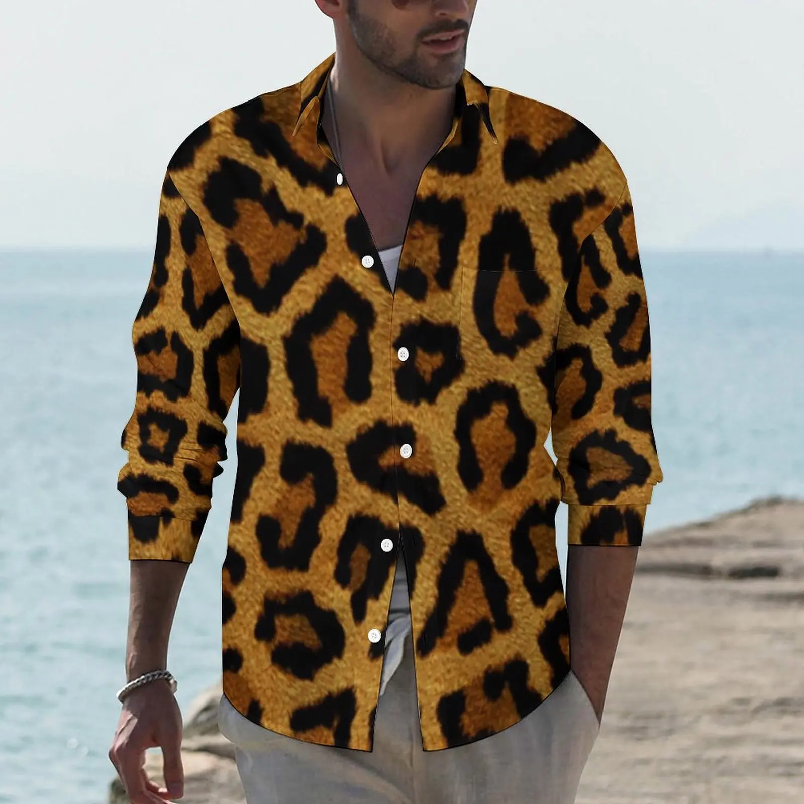 

Gold Leopard Shirt Spring Classic Animal Print Casual Shirts Men Cool Blouses Long Sleeve Graphic Aesthetic Clothes Plus Size