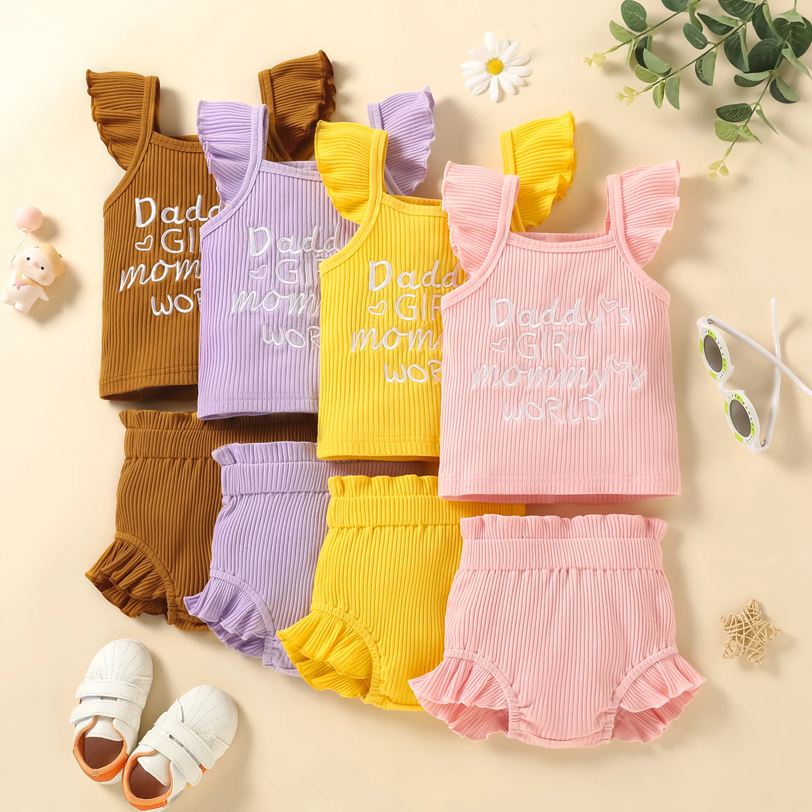 

Комплект одежды для маленьких девочек из 2 предметов, хлопковая майка в рубчик без рукавов с буквенным принтом и милые шорты с эластичным по...