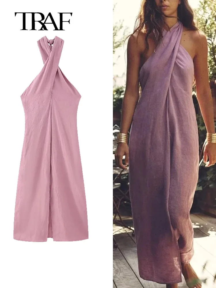 

TRAF 2023 Summer Wome Solid Mid-Calf Dresses Elegant Female Sleeveless Backless Cross Halter Front Split Folds Long Dresses