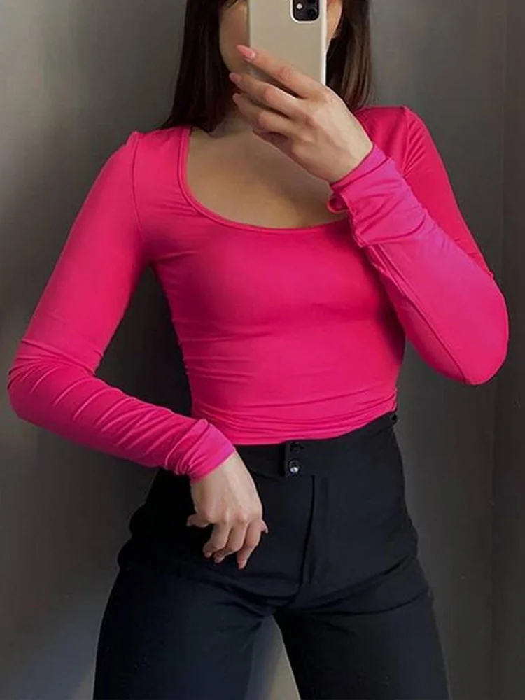 

Fluorescent Color Tee Tops Tees Women Sexy Party T Shirt Female Casual Stretch Basic O Neck Long Sleeve T Shirt 2022 Summer Tops