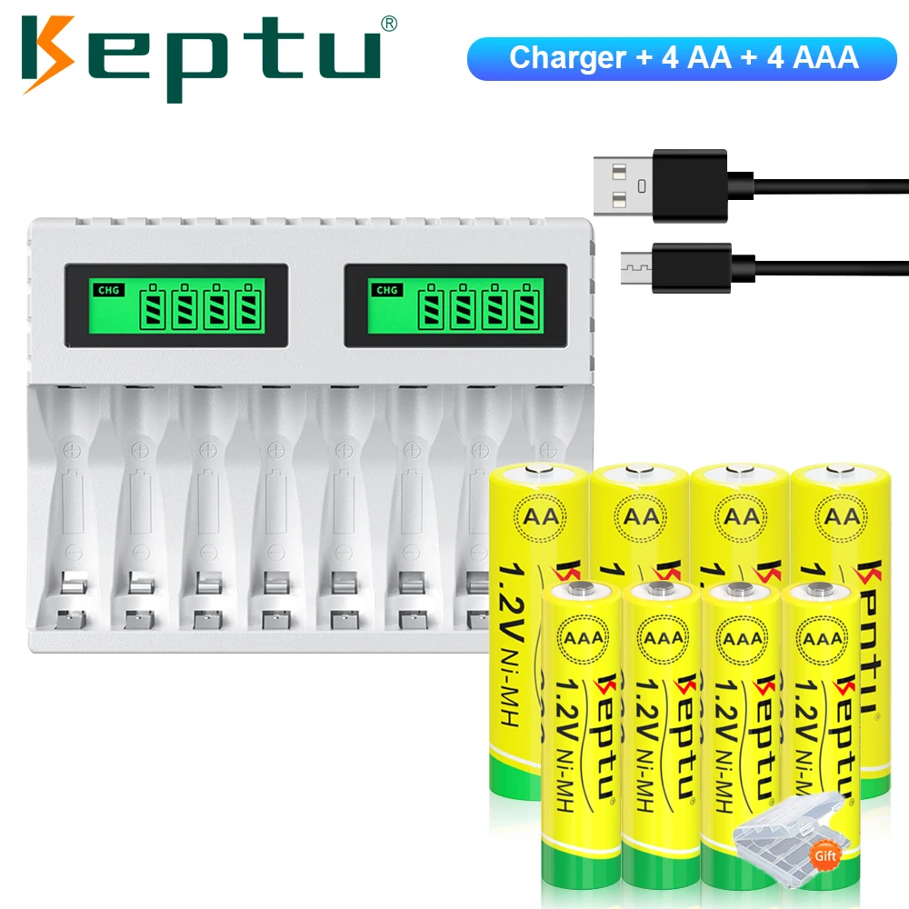 

KEPTU 4pcs AA Rechargeable Batteries 2200mAh and 4pcs 900mAh 1.2V AAA NI-MH Battery with LCD Charger