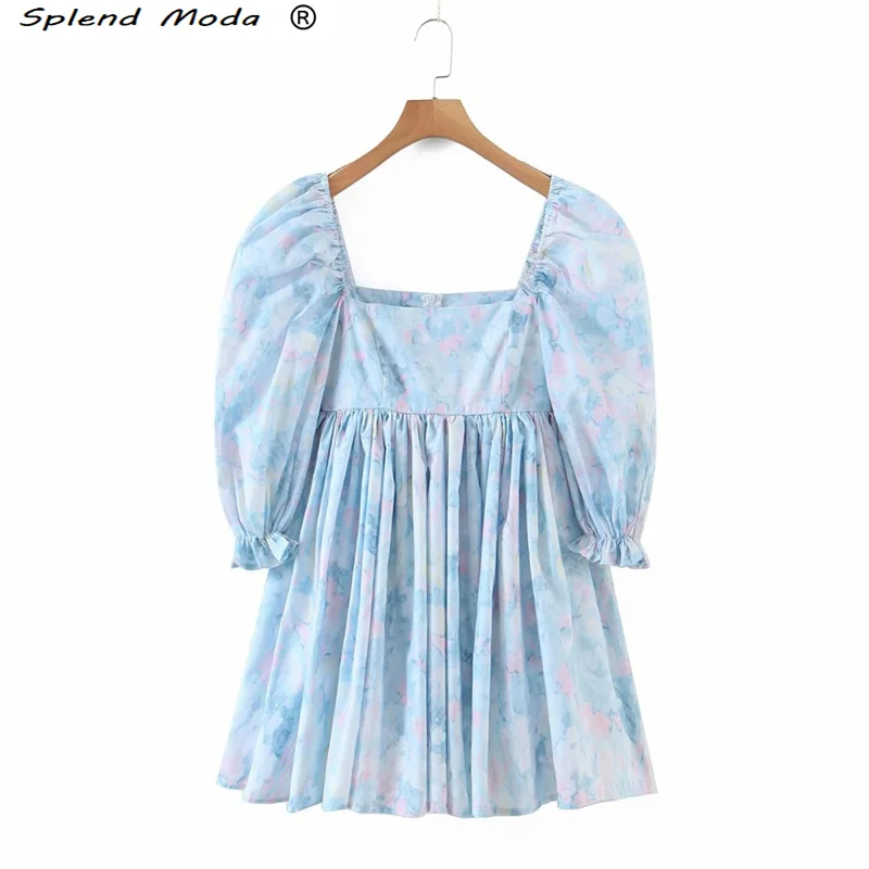 

Женское Плиссированное мини-платье Splend, короткое винтажное платье с квадратным вырезом и рукавами-фонариками, весна-лето 2021