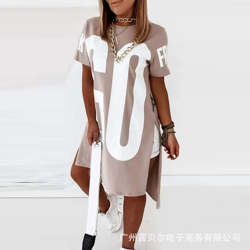 WEPBEL Fashion Women Long Tshirts Lotus Root Pink Printed Letter T-shirt Dress Loose Solid Color Short Sleeve Tops Casual Tees | Женская