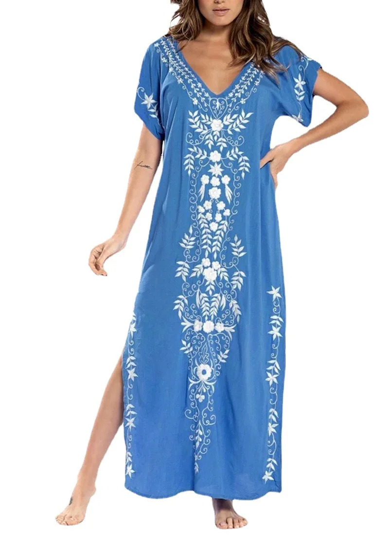 

Boho New Cover-up Beach Maxi Dress 2022 Robe Embroidery Side Split Casual Maxi Dress Women Beach Pareo Beach Swimwear De Plage