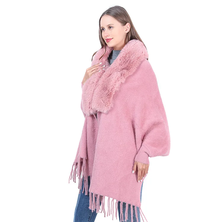 Fashion Womens Autumn Winter  Warm Tassel Shawl Scarf Wrap  Ponchos  Capes Cardigan Pink Cloak
