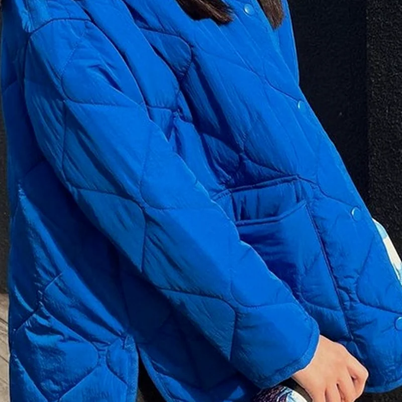 New Women's Long-sleeved Warm Fashion Single-breasted Casual Loose Blue Round Neck Women Cotton Jacket 2022 Autumn and Winter