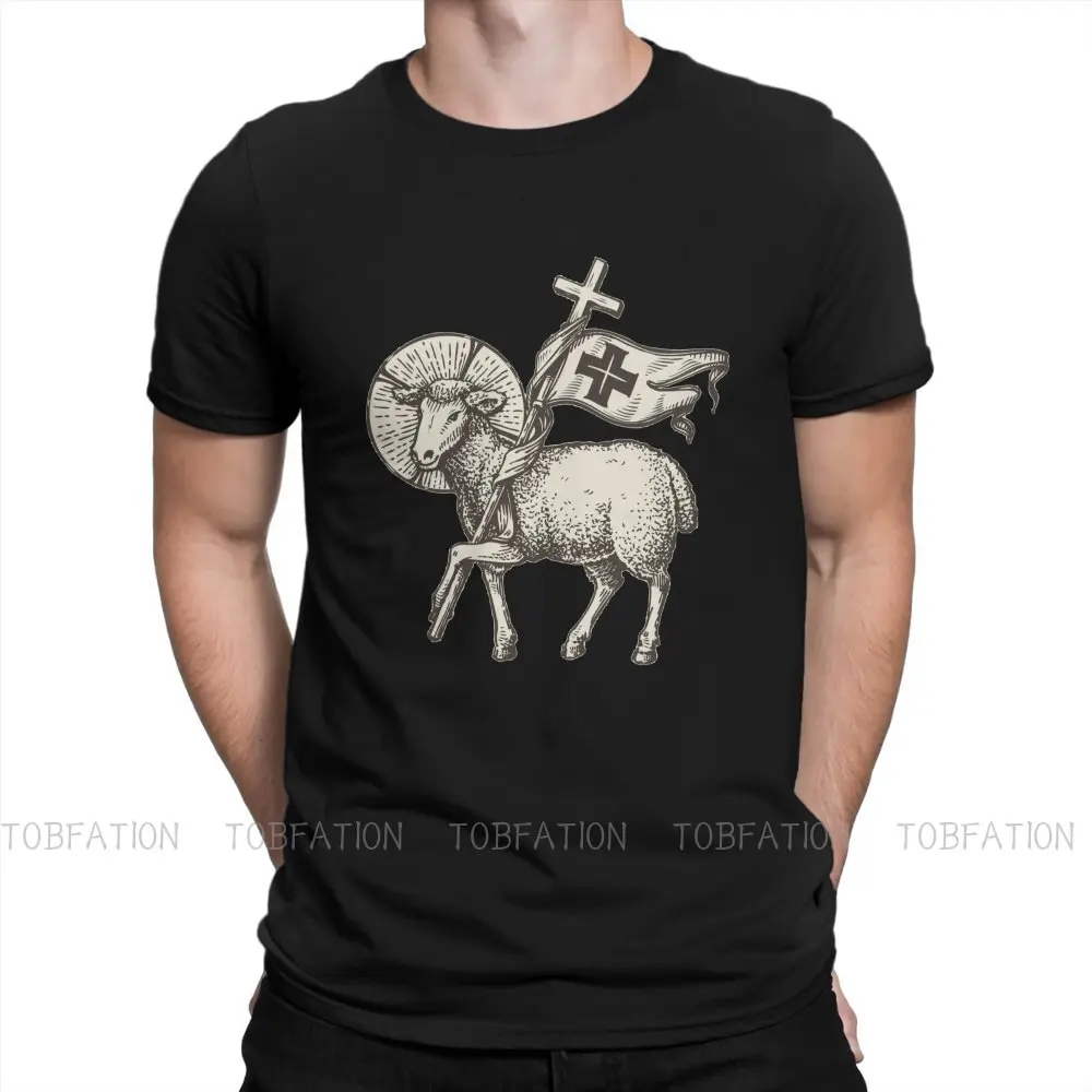 

Lamb or Sheep Holding Cross Religious Symbol Newest TShirts Popularity Trend Men Style Fabric Tops T Shirt Round Neck Big Size