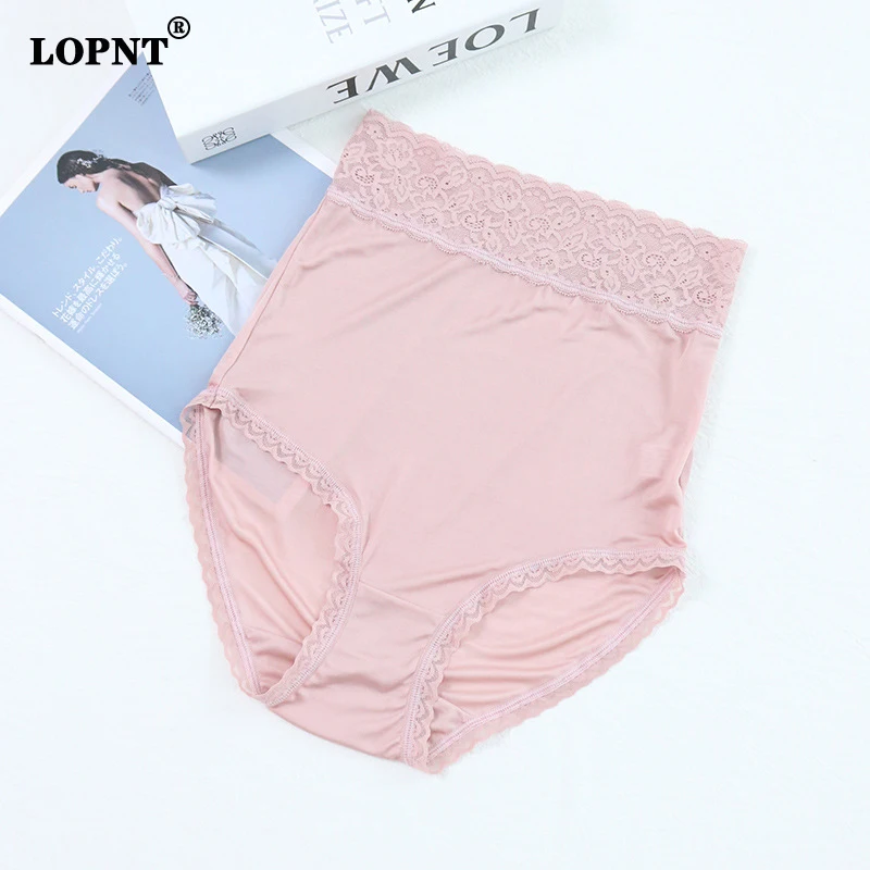 

Lopnt Women 100% Silk Super High Waist Panties Female Underwear Loose Breathable Mulberry Silk Briefs Lace Splicing Sexy Panties