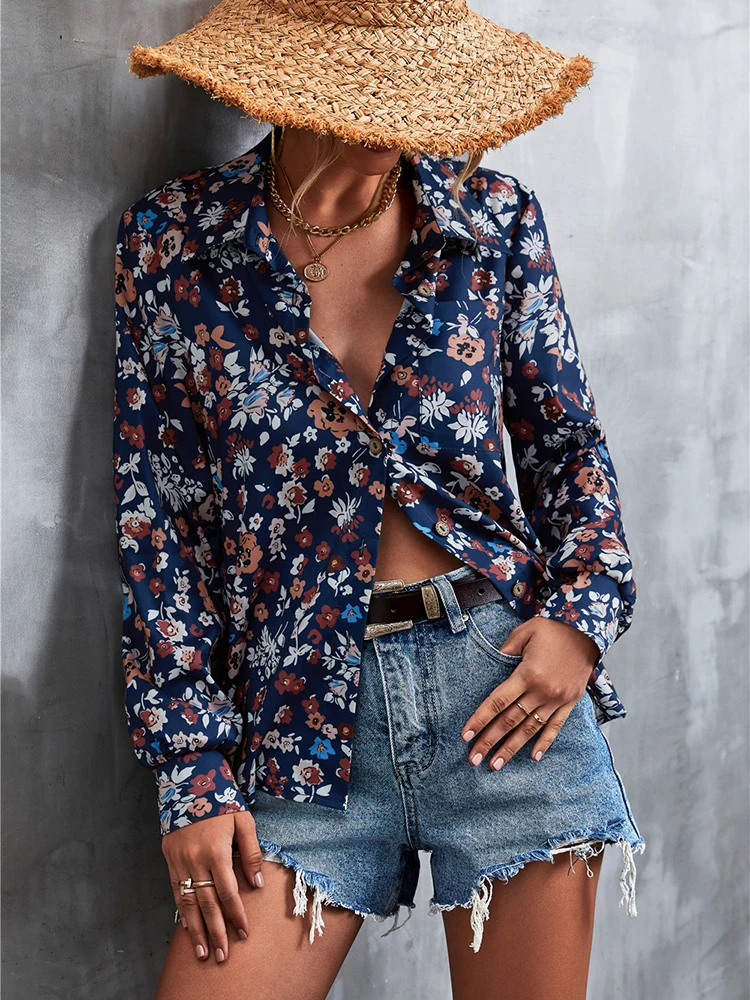 

Summer Vintage Print Blouses Women Fashion Loose Casual Women Shirts Long Sleeve Turn Down Collar Tops Female Retro Beach Tops