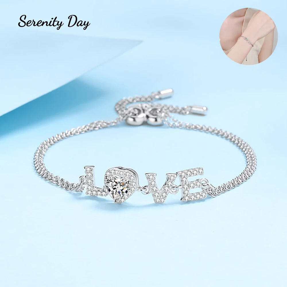 

Serenity Day S925 Silver Plated Pt950 Inlaid 0.5ct Moissanite Bracelet D Color VVS LOVE Hand Jewelry Push-Pull Adjustable Chain
