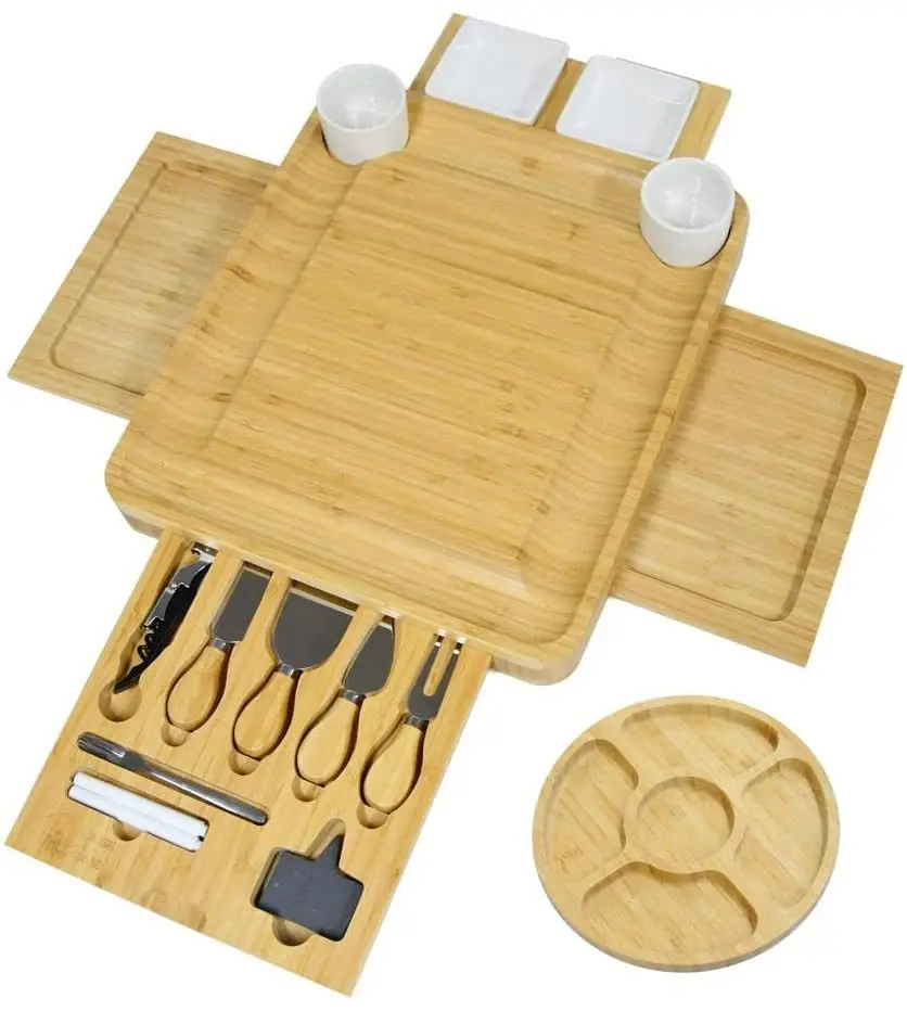 

Cheese Board and Knife Set, Bamboo Wood Charcuterie Platter with Slide-Out Cutlery Drawer, Serving Tray for Cheese, Meat Board
