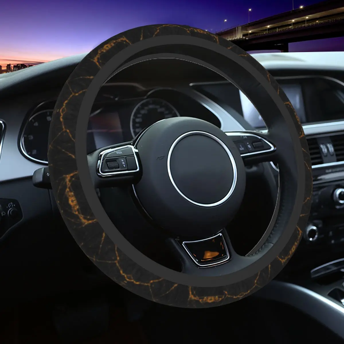 

Black Gold Marble Car Steering Wheel Cover 38cm Non-slip Modern Elastische Auto Decoration Interior Accessories