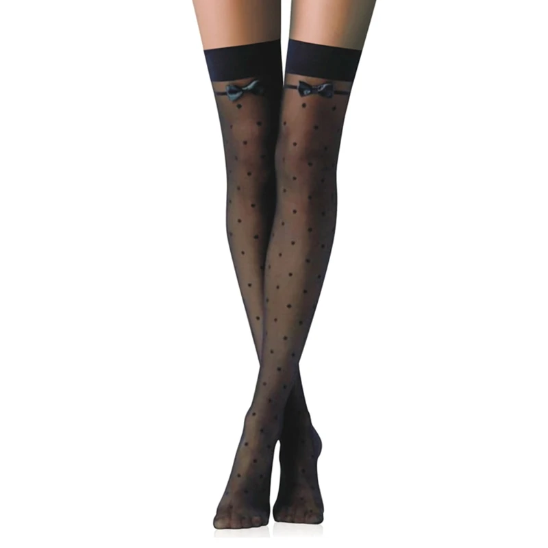 

Women Sexy Transparent Silky Thigh High Stockings Sweet Bowknot Vintage Polka Dot Striped Lolita Kawaii Over Knee Long Socks Pan